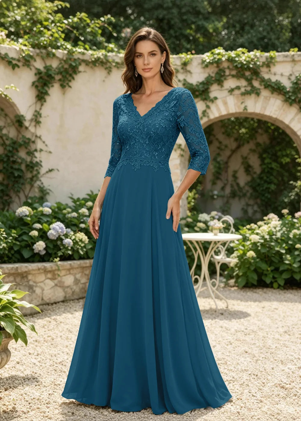 Dusty Blue V-Neck Three-Quarter Lace-Sleeve Maxi Dress