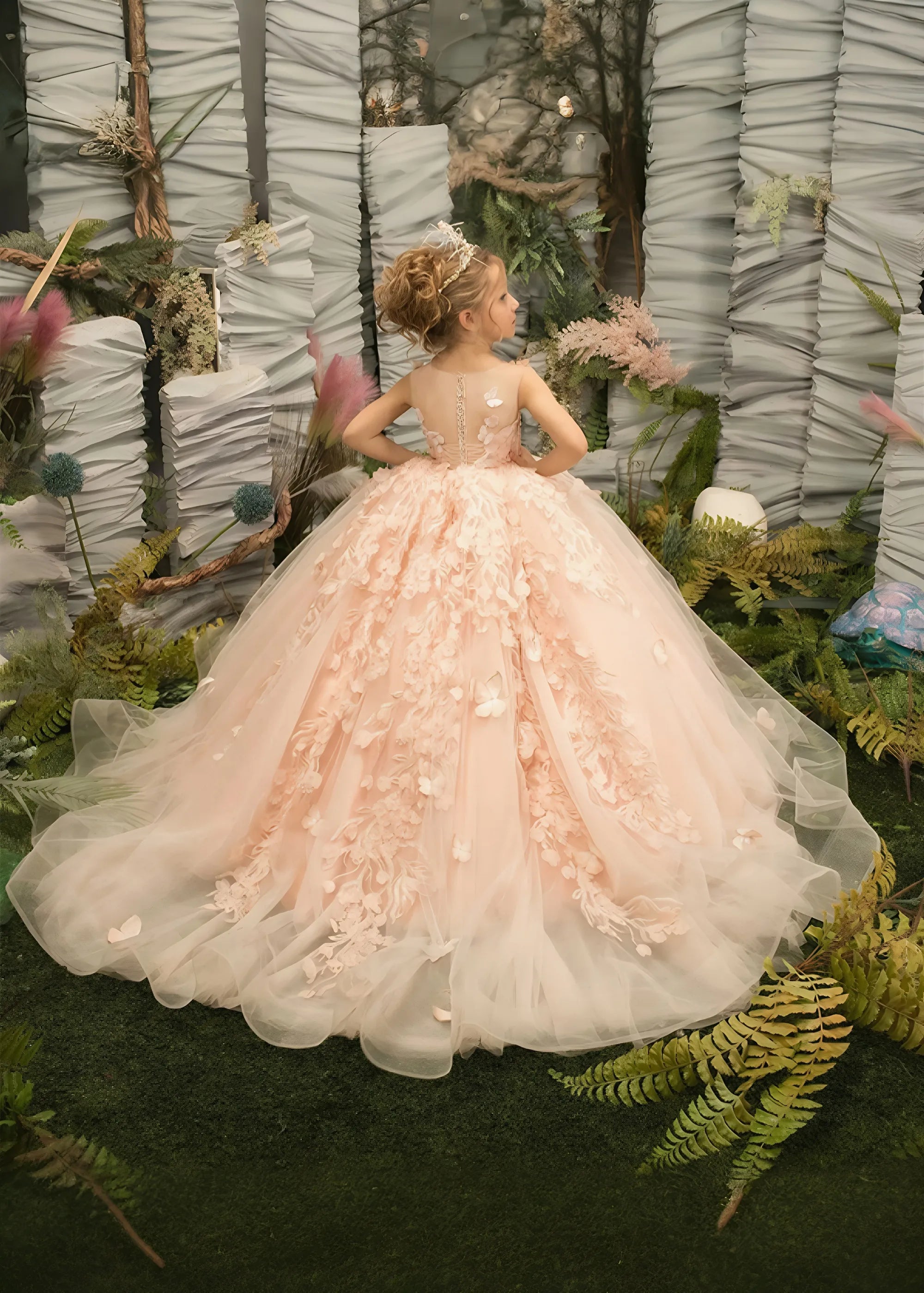 3D Butterfly & Flower Girl Dress-Pink