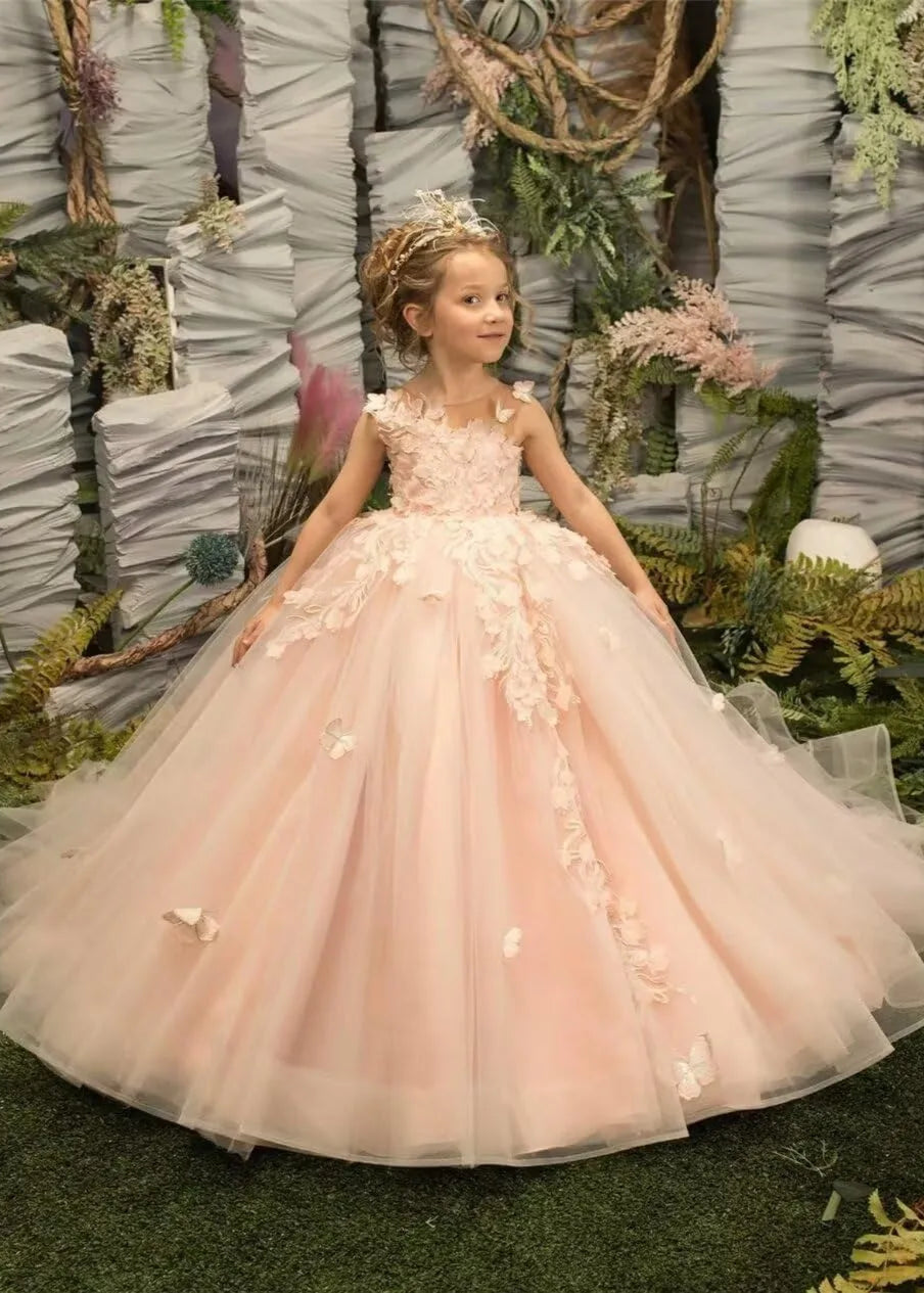 3D Butterfly & Flower Girl Dress-Pink