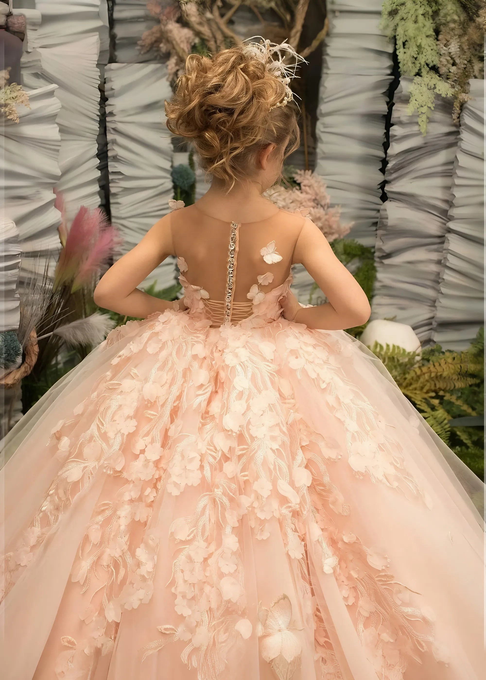 3D Butterfly & Flower Girl Dress-Pink