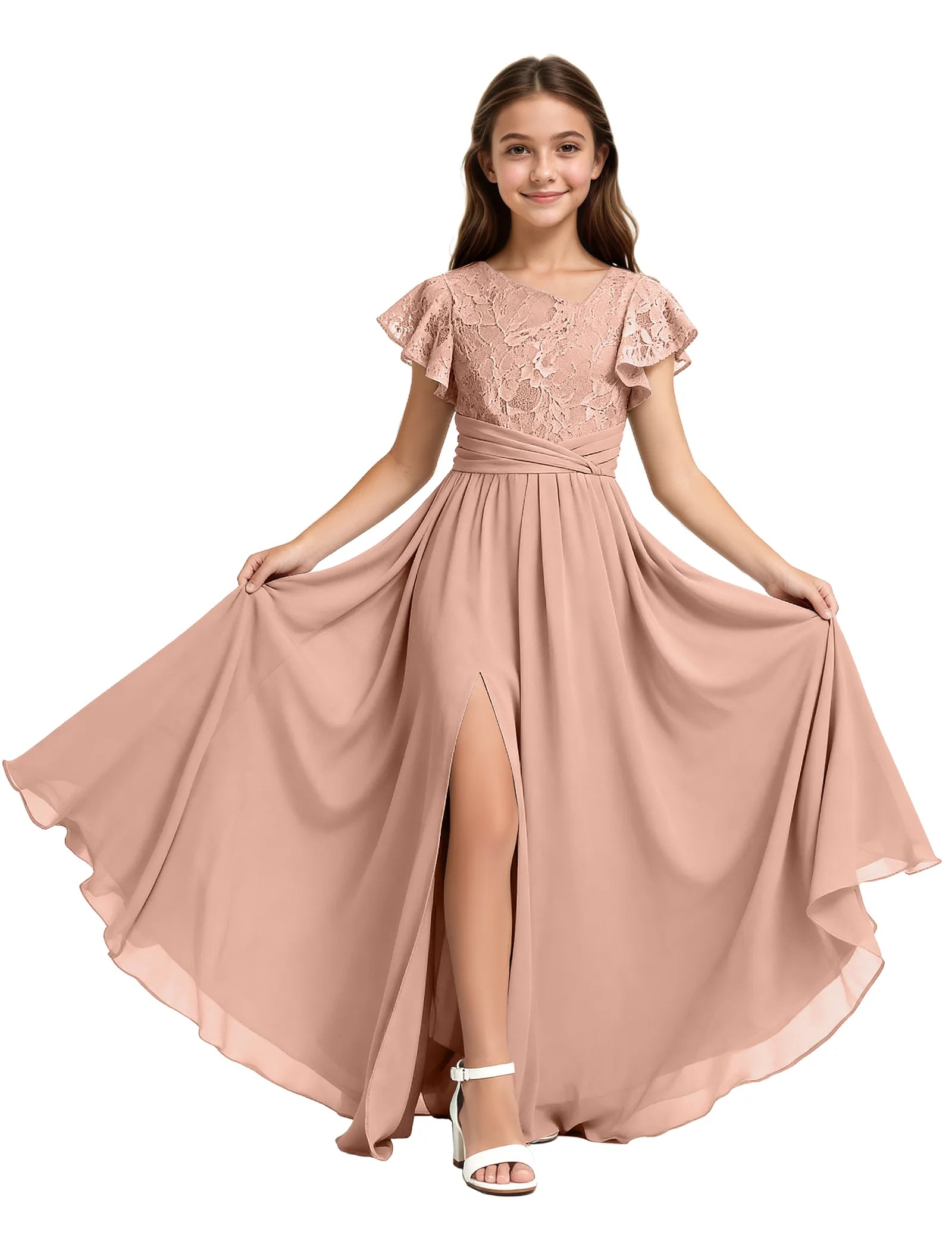 Lace Flutter Sleeve Junior Bridesmaid Dress