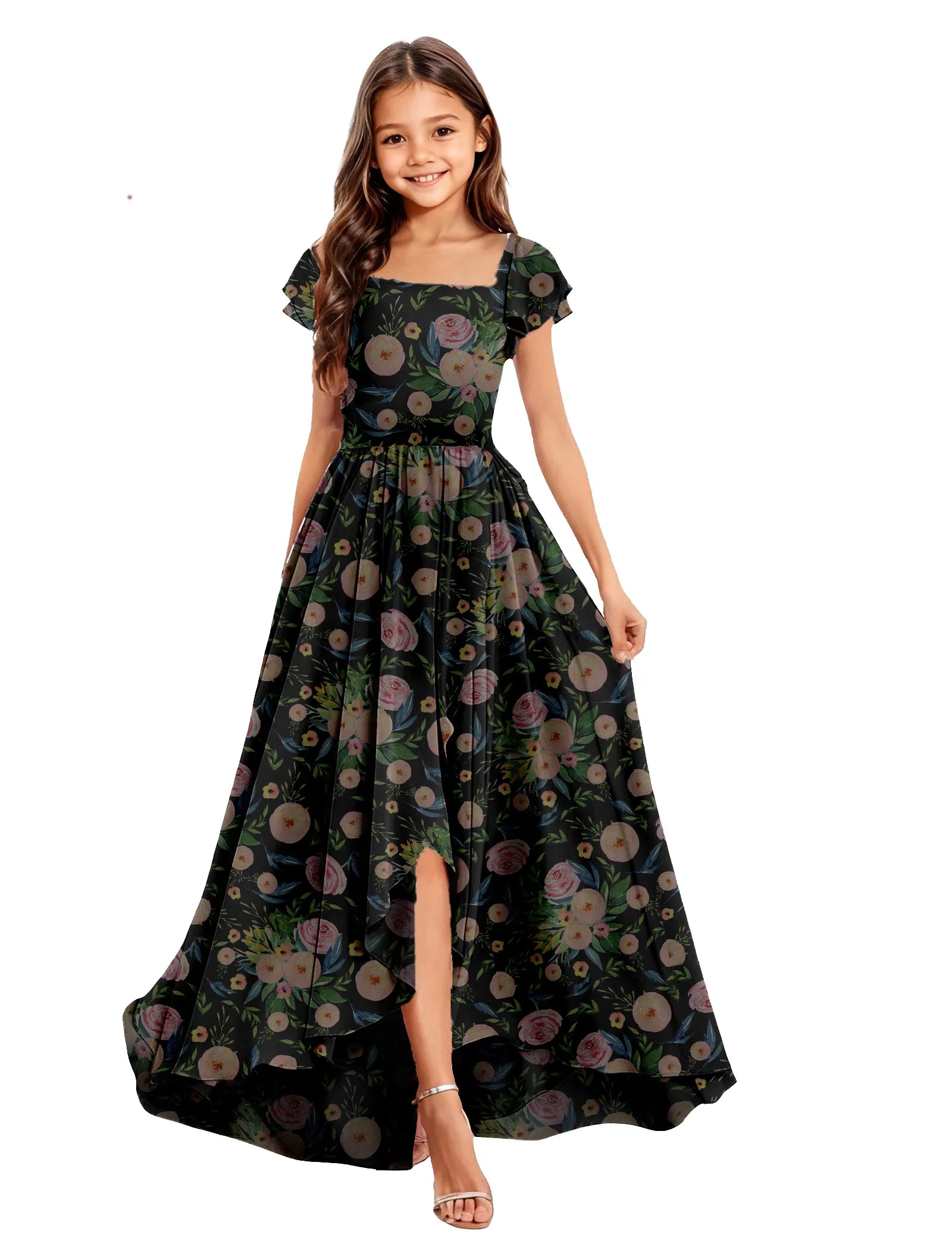 Girls Floral High-Low Maxi Dress with Cap Sleeves