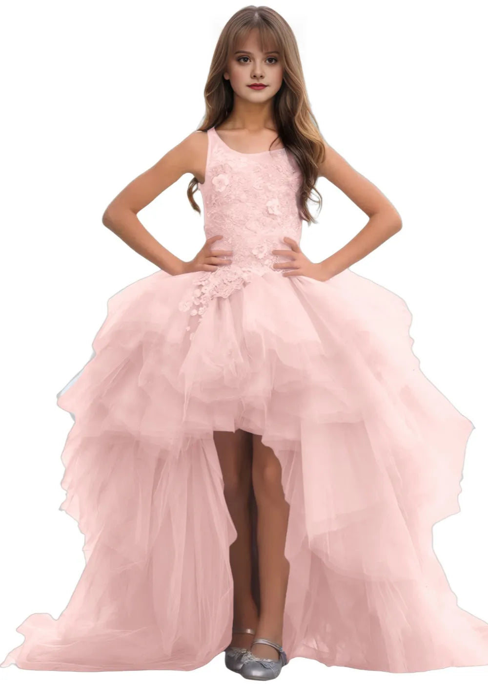 High-Low Layered Tulle Gown for Girls