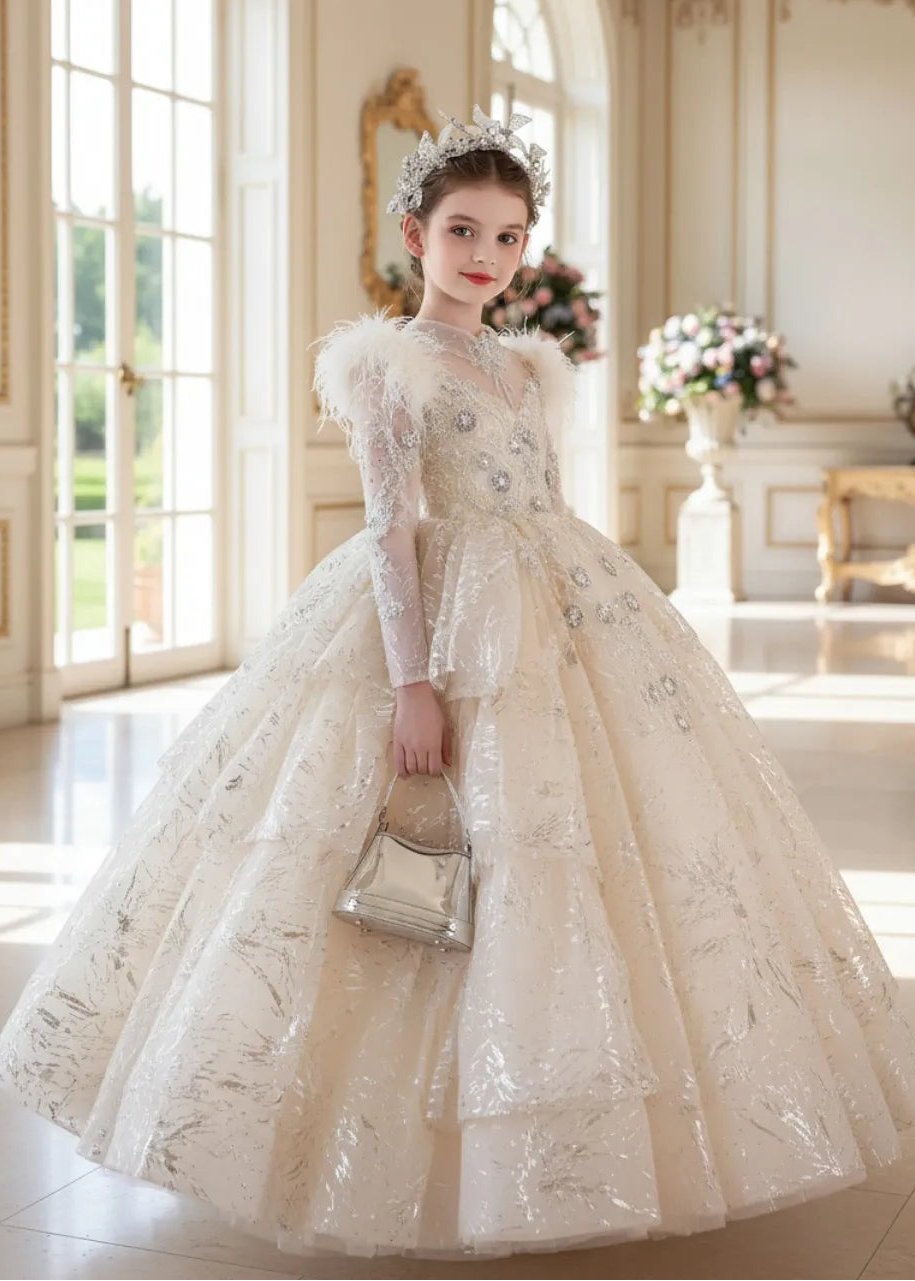 Feather Sleeve Tea-Length Flower Girl Dress With Lace Appliqué