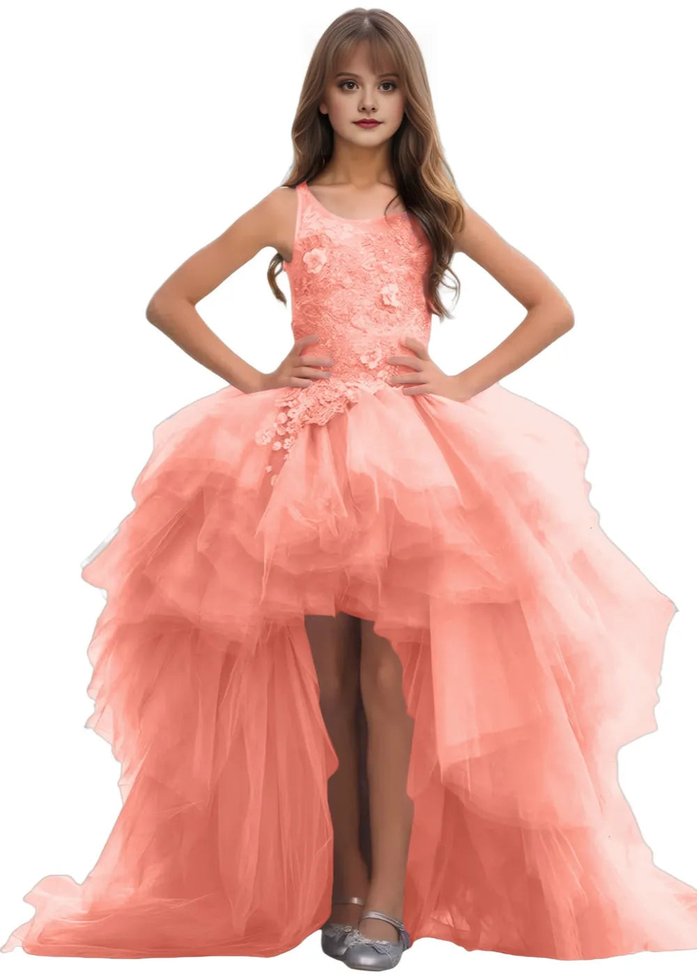 High-Low Layered Tulle Gown for Girls
