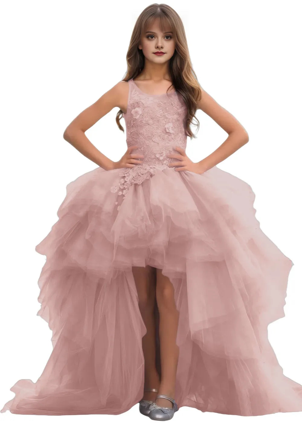 High-Low Layered Tulle Gown for Girls
