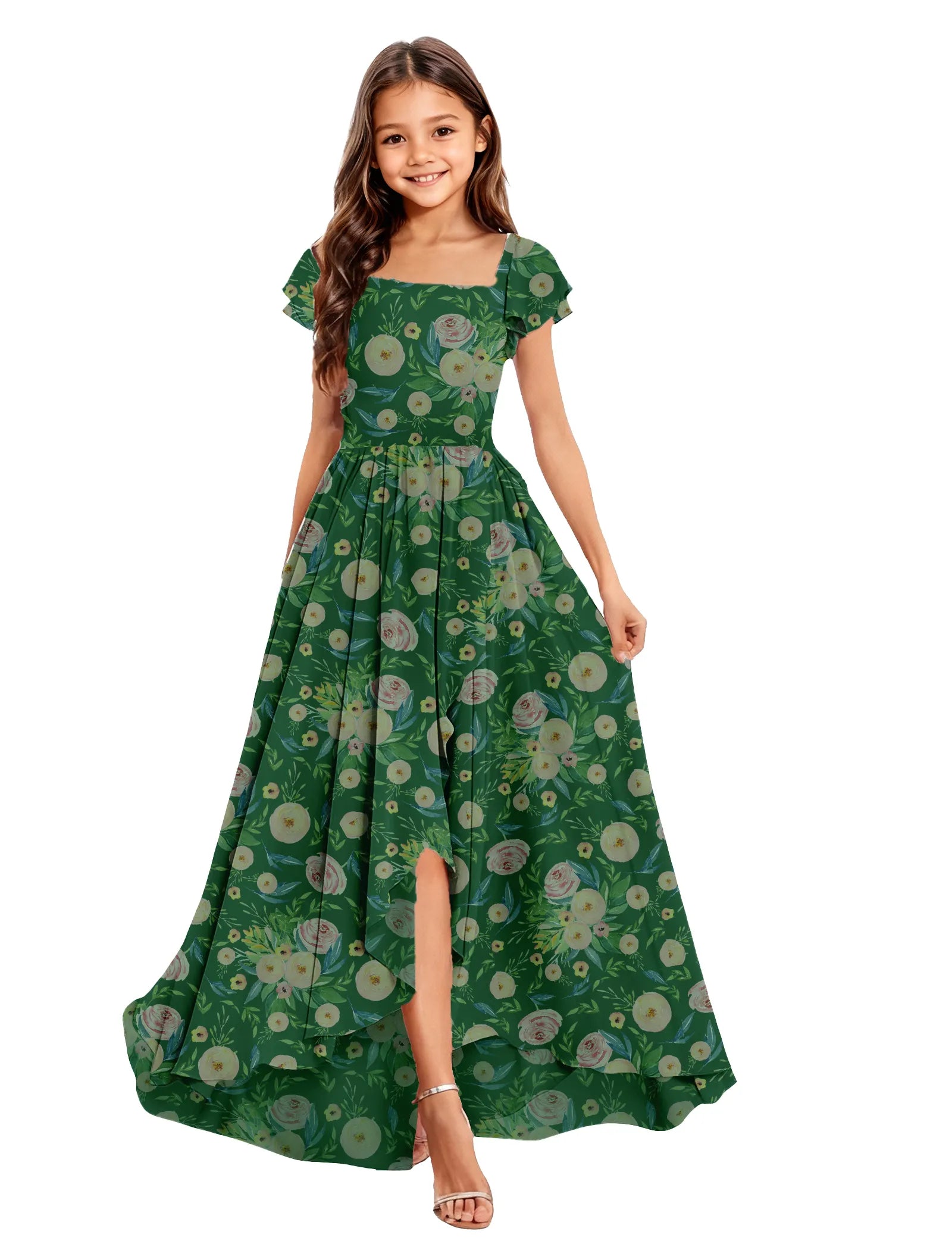 Girls Floral High-Low Maxi Dress with Cap Sleeves