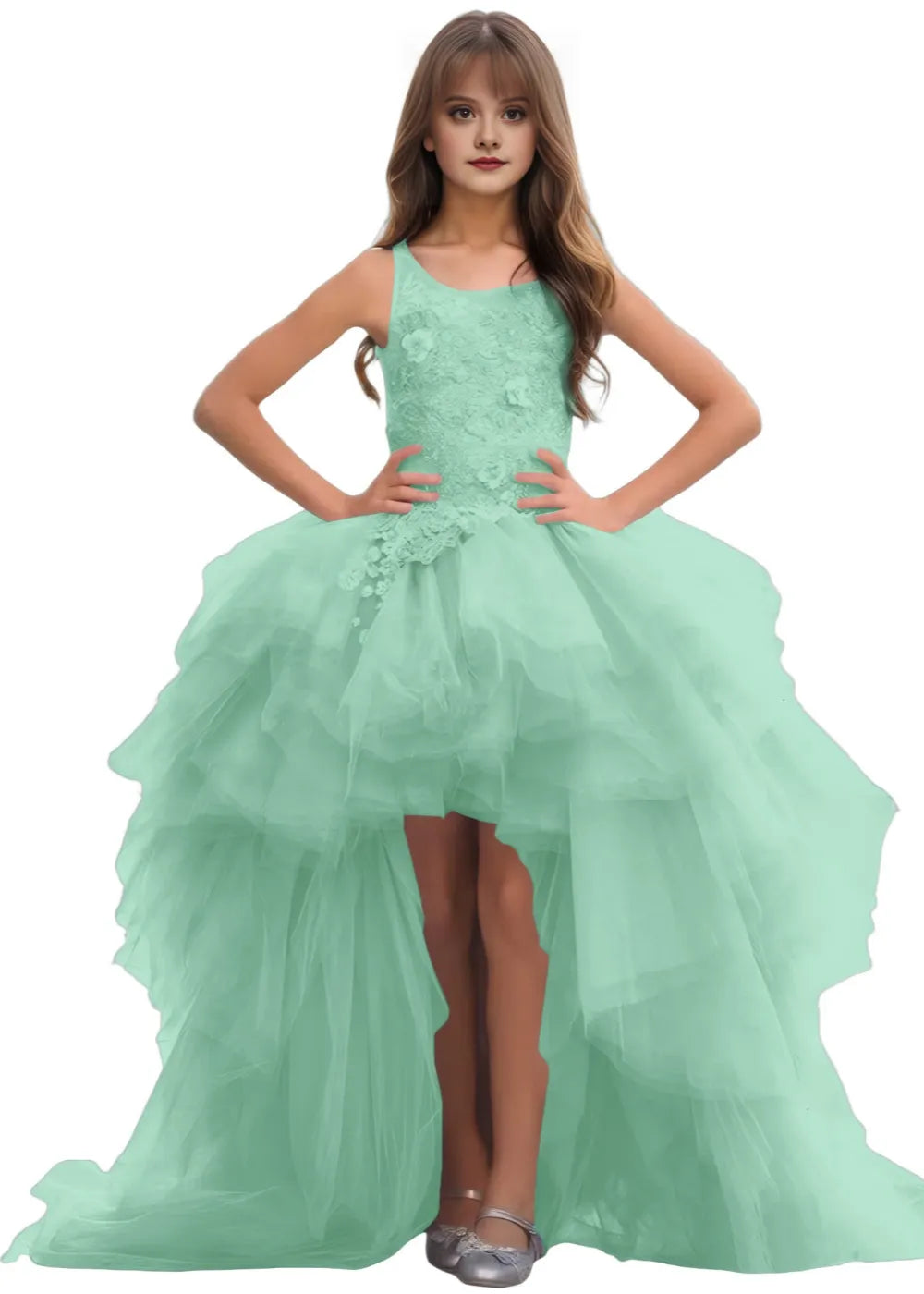 High-Low Layered Tulle Gown for Girls