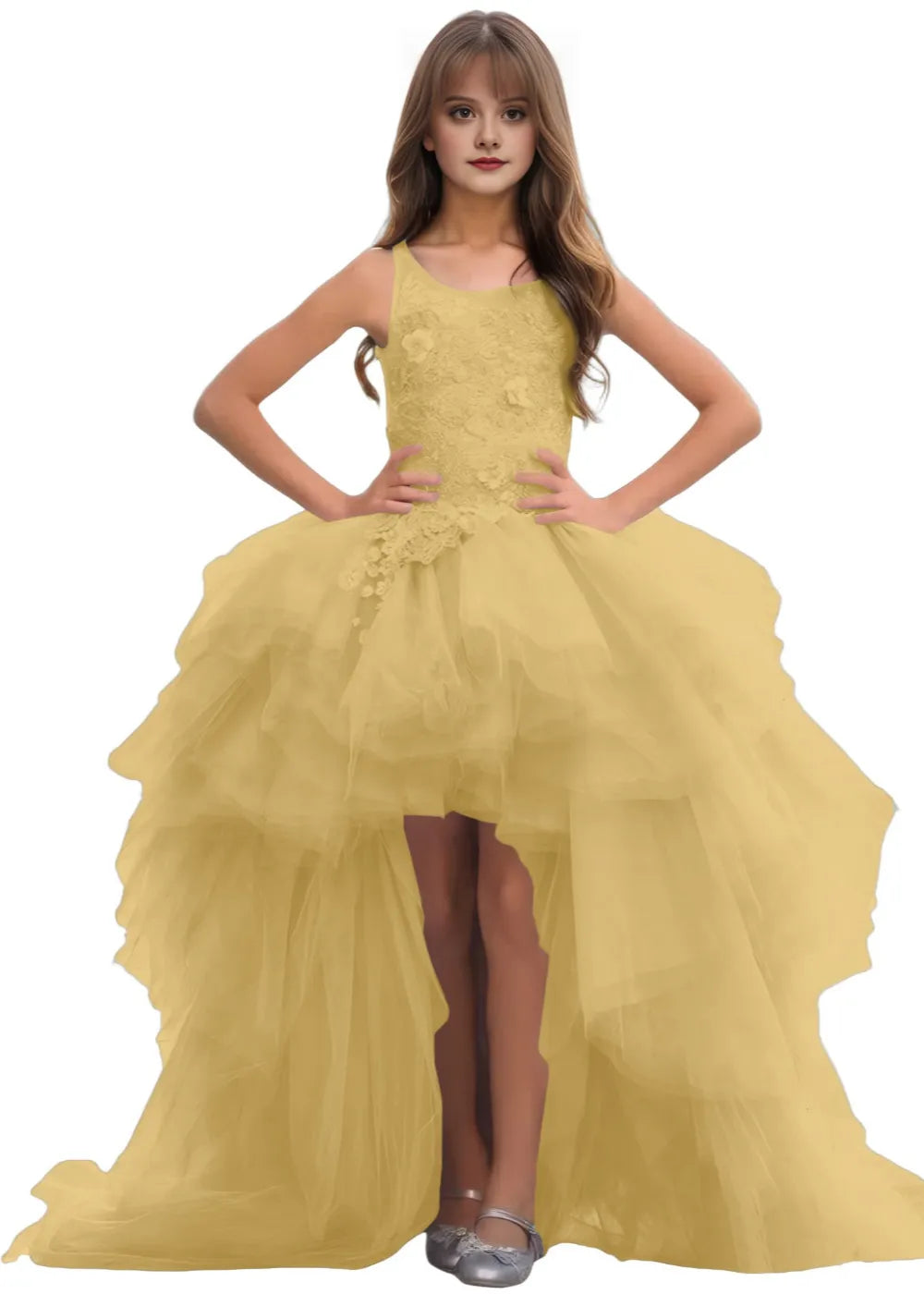 High-Low Layered Tulle Gown for Girls