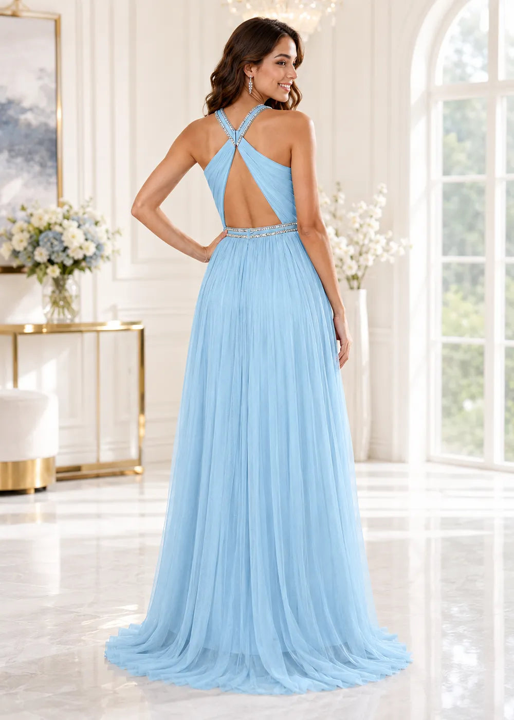 Beaded Waist Cross Back Prom Gown