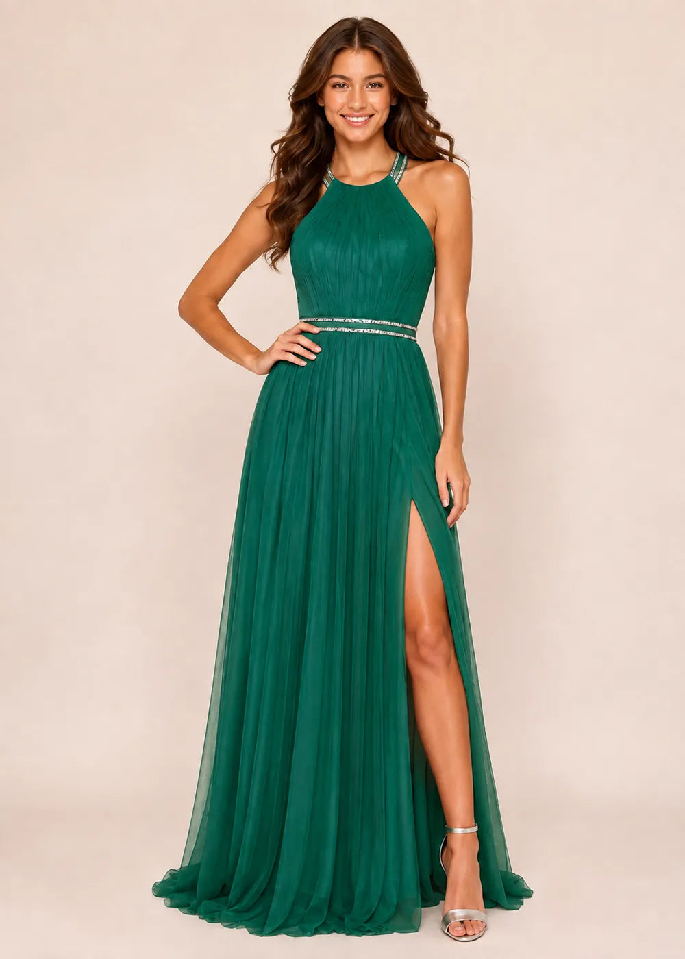 Beaded Waist Cross Back Prom Gown