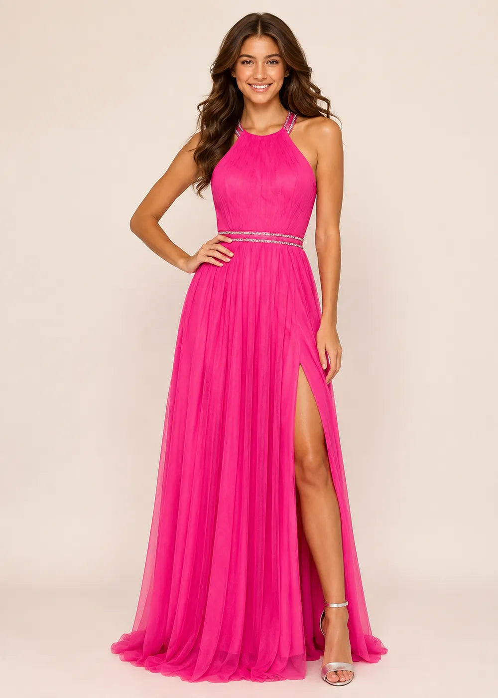 Beaded Waist Cross Back Prom Gown
