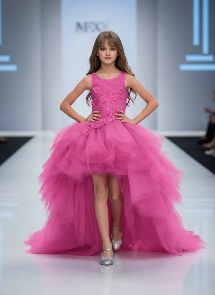 High-Low Layered Tulle Gown for Girls