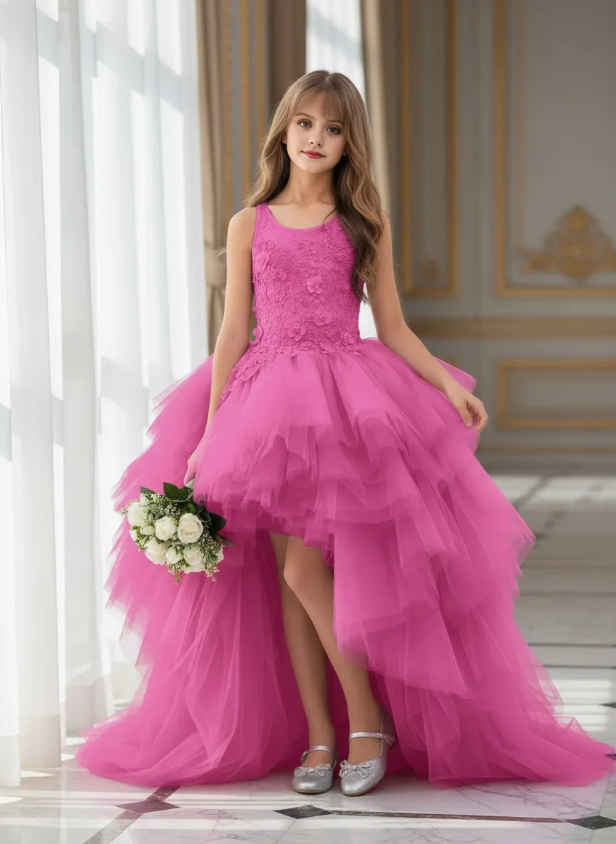 knee length dresses for ladies Girls Layered High Low Dress with Lace Bodice by Calla D825 – ABC Fashion main image 0