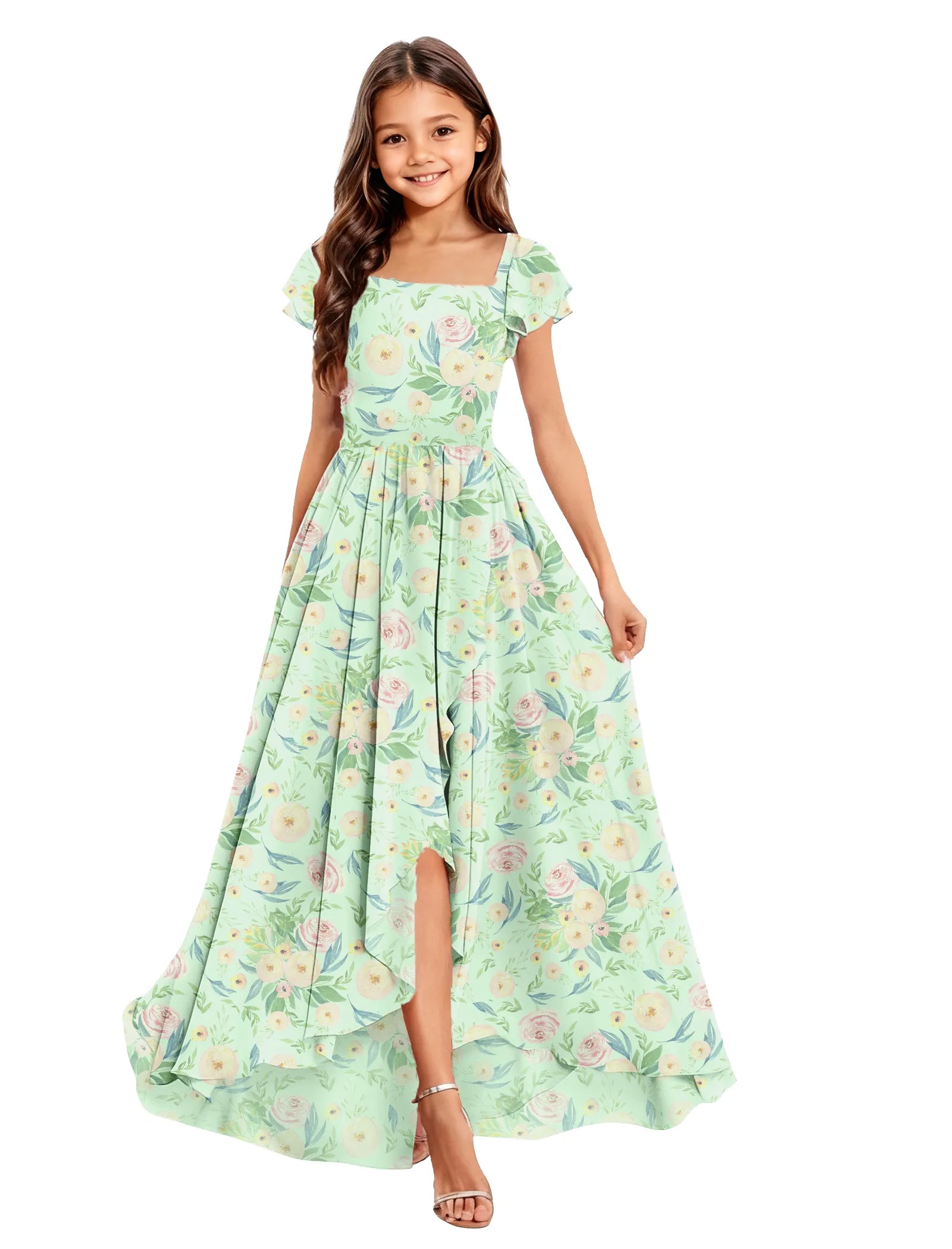 Girls Floral High-Low Maxi Dress with Cap Sleeves