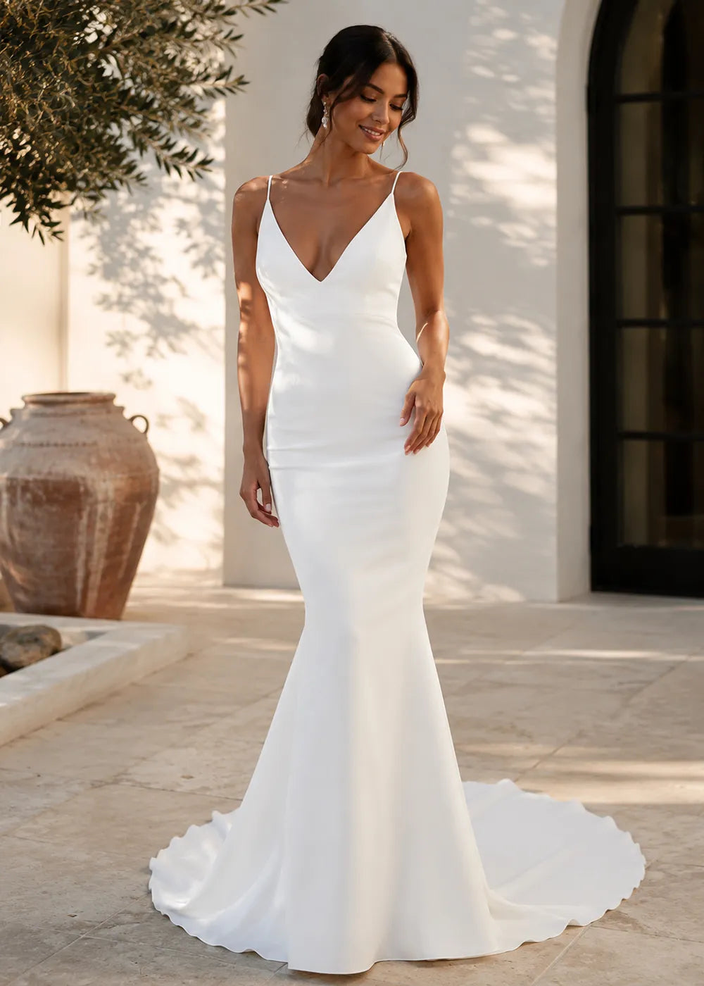 Minimalist Deep V Mermaid Wedding Dress
