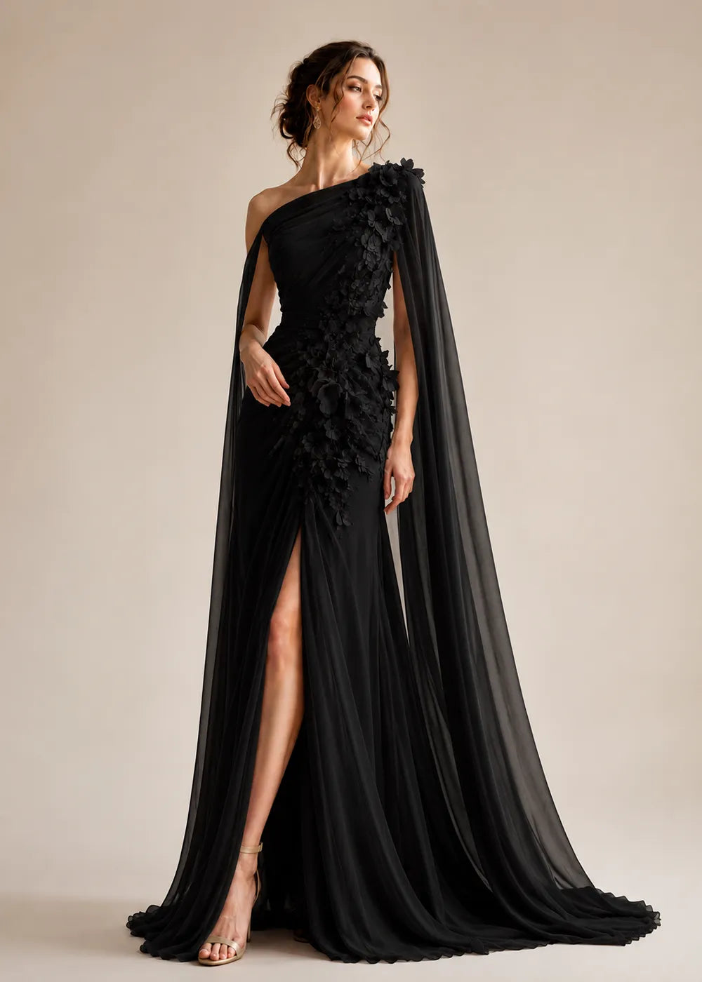 Floral Appliqué One-Shoulder Cape Formal Gown