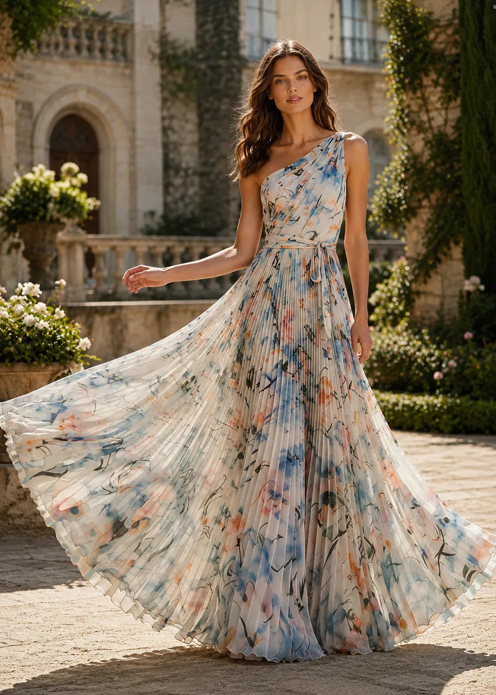 Painterly Floral One-Shoulder Pleated Gown