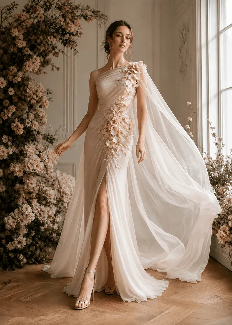 Floral Appliqué One-Shoulder Cape Formal Gown