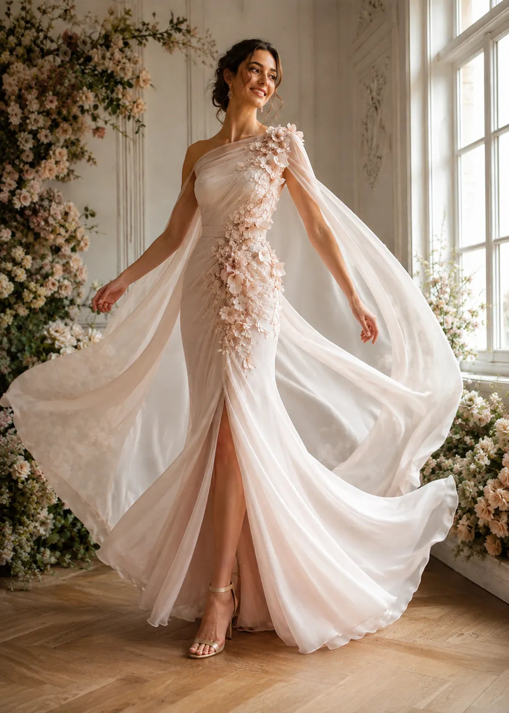 Floral Appliqué One-Shoulder Cape Formal Gown
