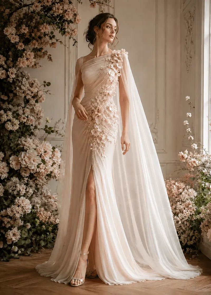 Floral Appliqué One-Shoulder Cape Formal Gown