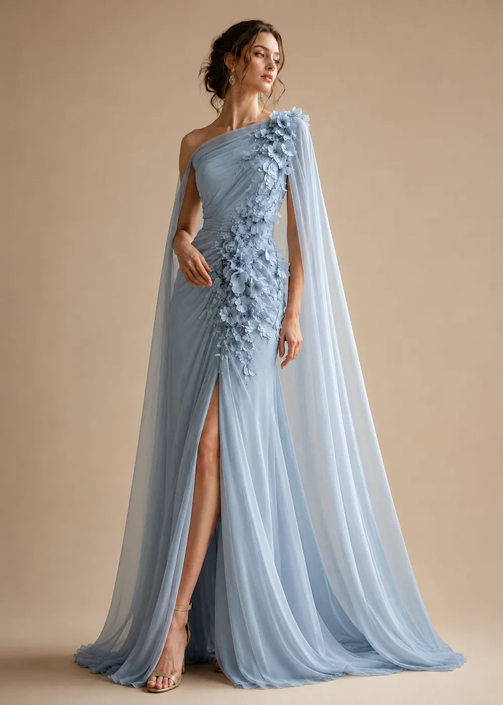 Floral Appliqué One-Shoulder Cape Formal Gown