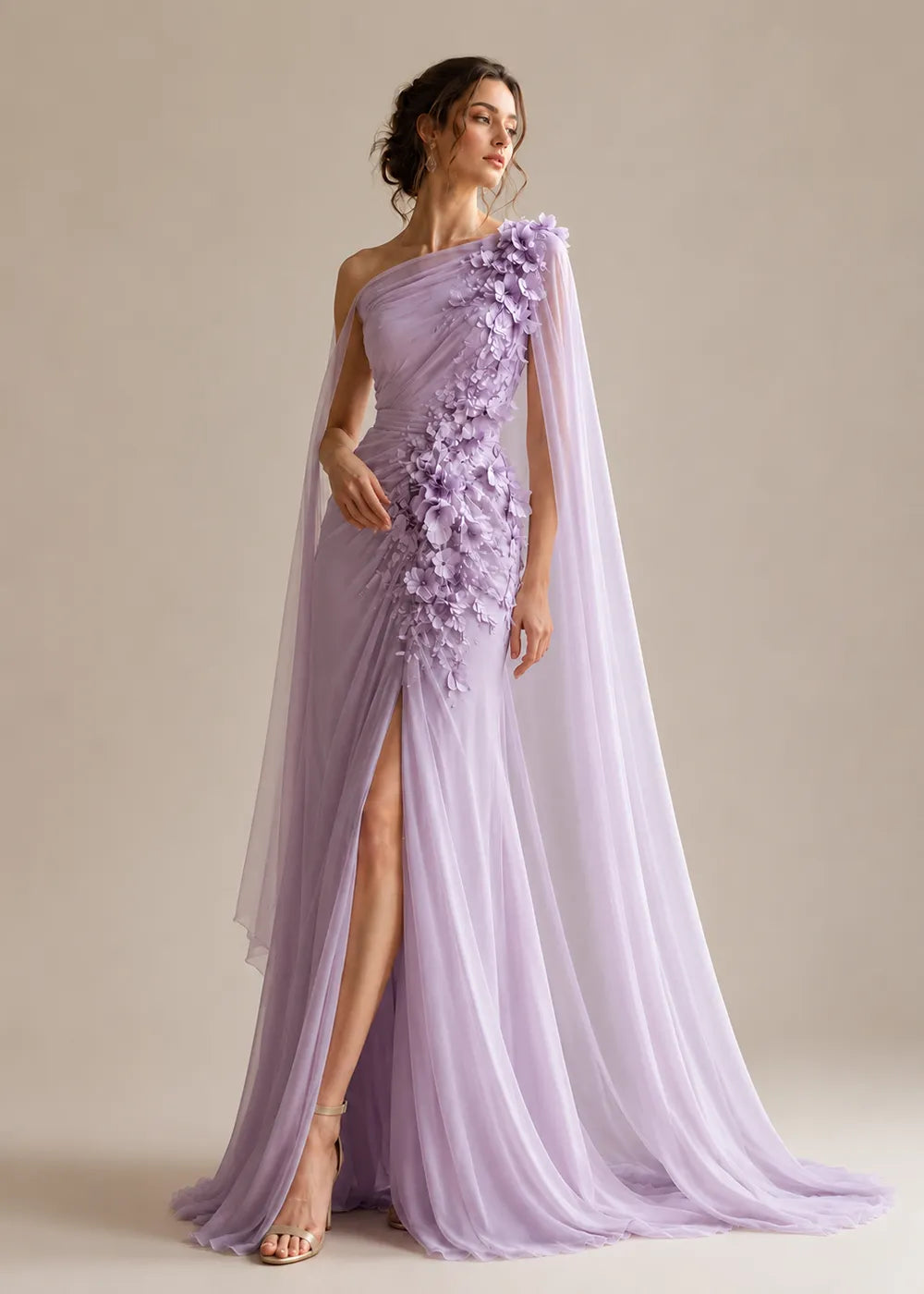 Floral Appliqué One-Shoulder Cape Formal Gown