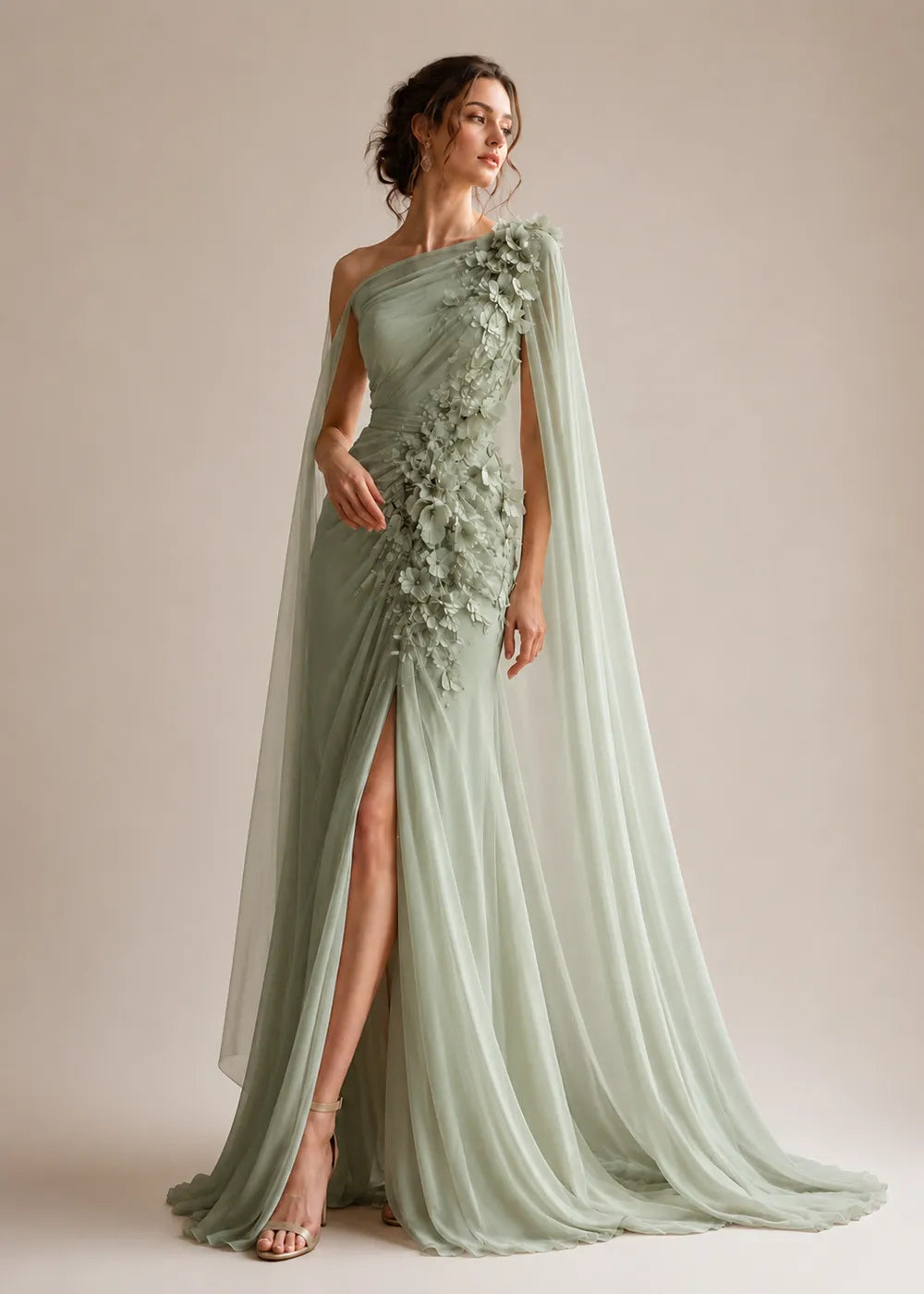 Floral Appliqué One-Shoulder Cape Formal Gown