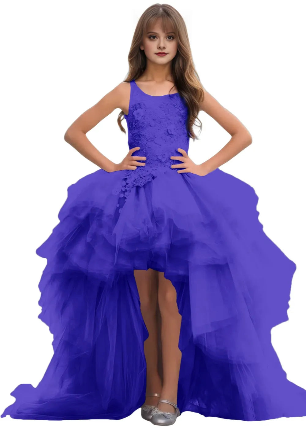 High-Low Layered Tulle Gown for Girls