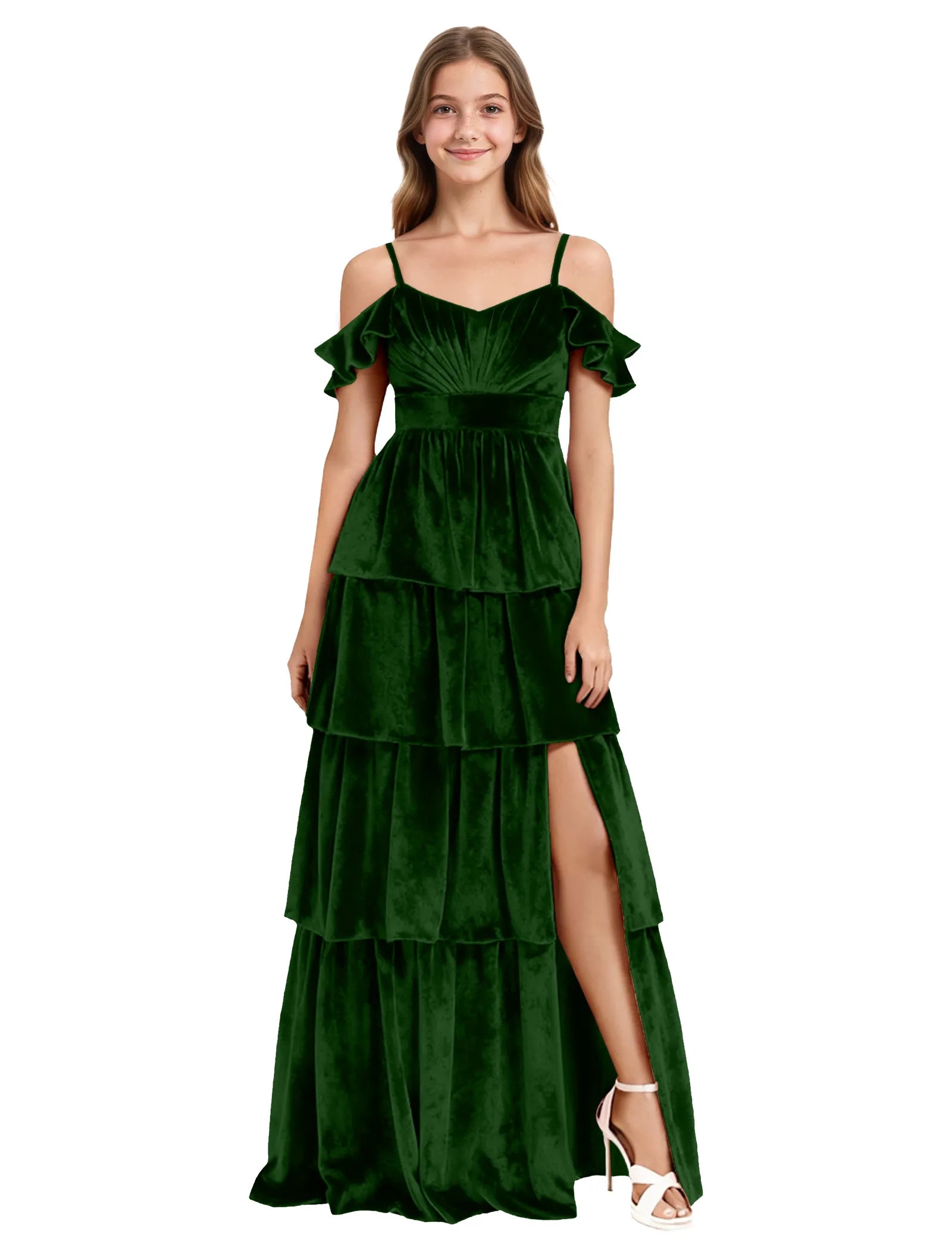 Tiered Velvet Maxi Dress for Girls with Ruffle Sleeves