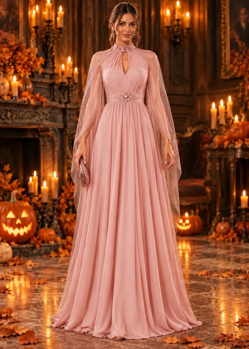 Front view of the blush pink evening gown with a beaded high neckline and a sheer chiffon cape.