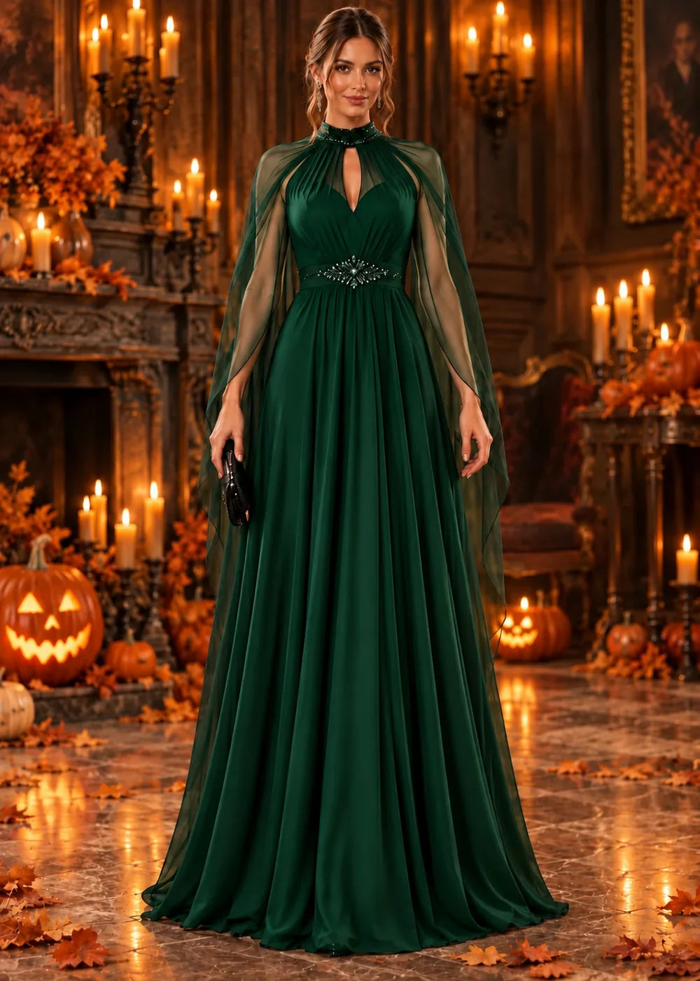Front view of the emerald green evening gown with a beaded high neckline and a sheer chiffon cape.
