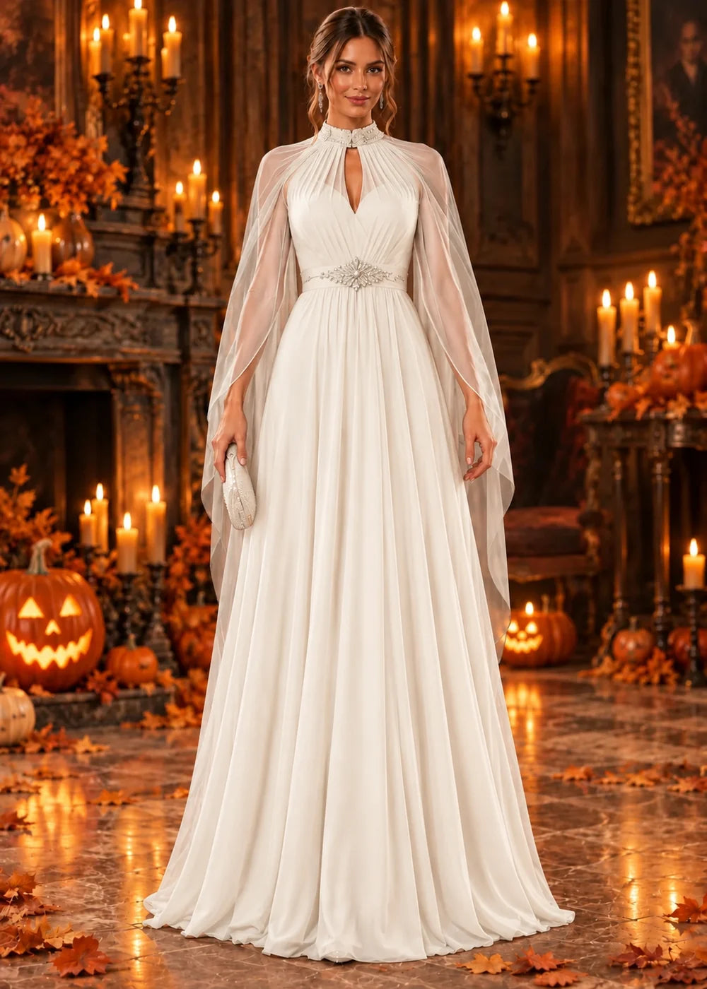 Front view of the ivory evening gown with a beaded high neckline and a sheer chiffon cape.