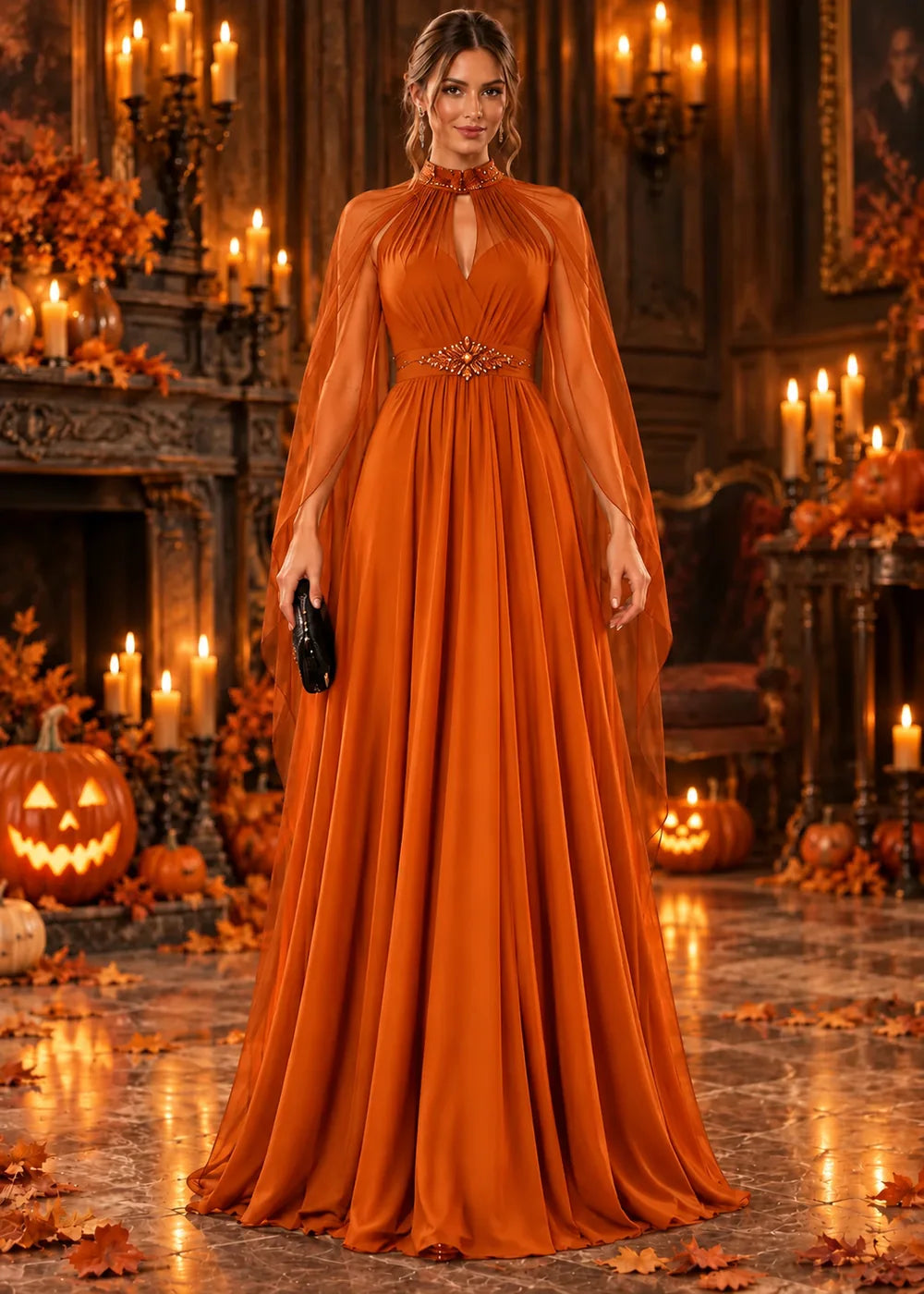Front view of the pumpkin orange evening gown with a beaded high neckline and a sheer chiffon cape.