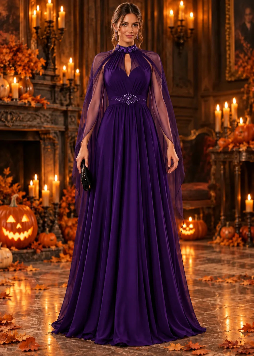 Front view of the royal purple evening gown with a beaded high neckline and a sheer chiffon cape.