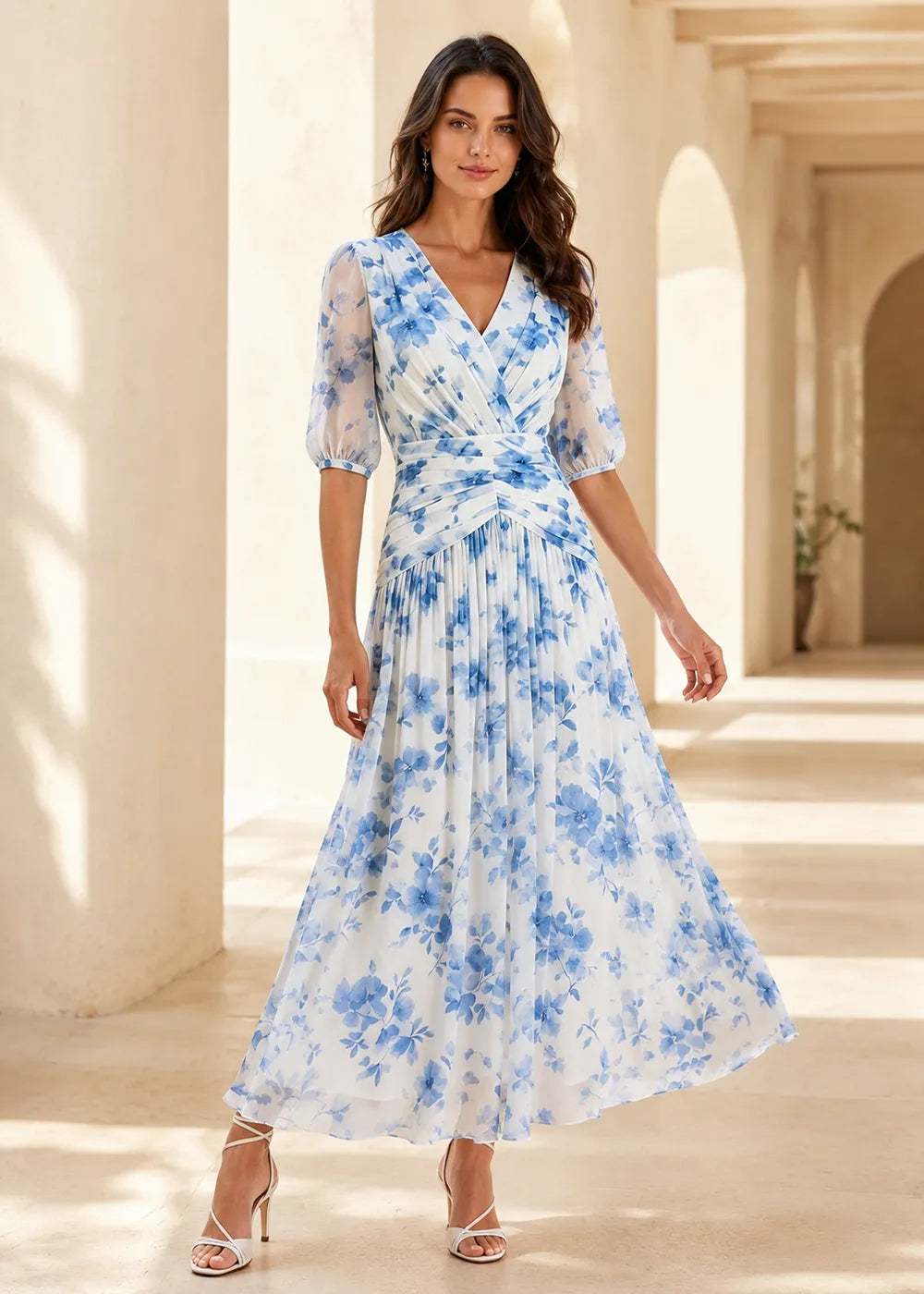 Chic Ruched Waist Floral Chiffon Dress