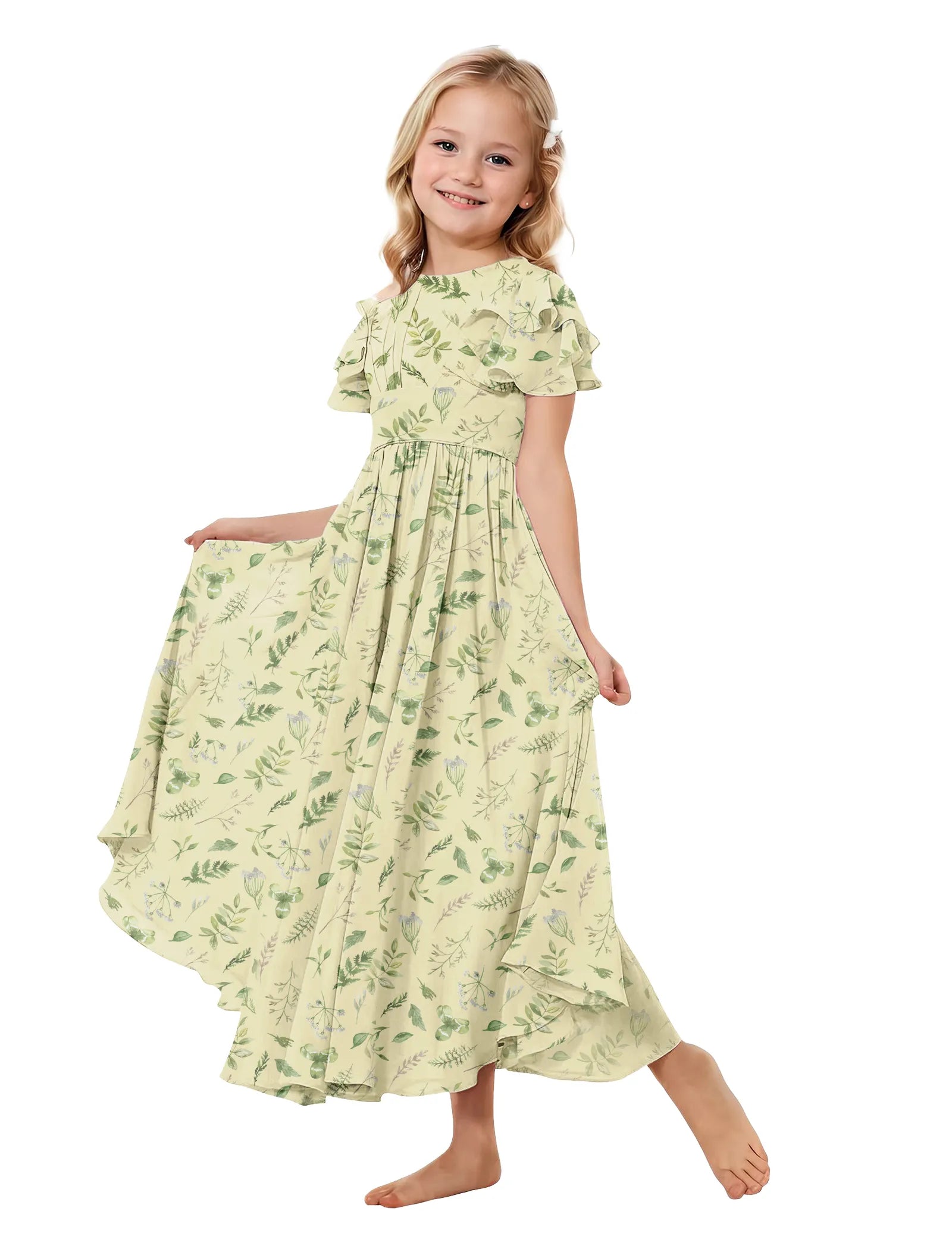 Girls Floral High-Low Flutter Sleeve Dress