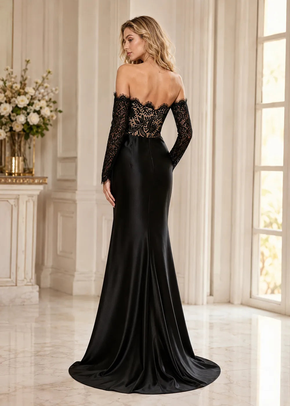 Vivienne Long-Sleeve Lace Satin Evening Gown