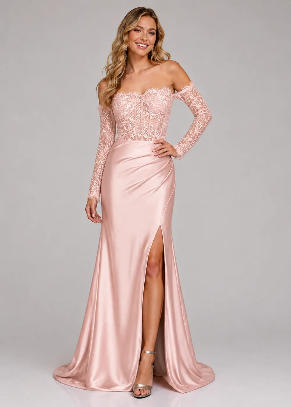 Vivienne Long-Sleeve Lace Satin Evening Gown