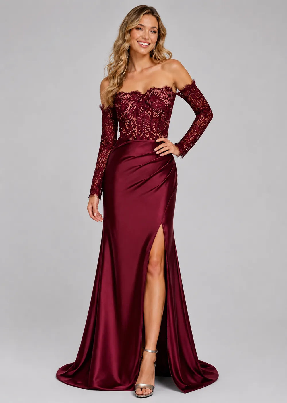Vivienne Long-Sleeve Lace Satin Evening Gown