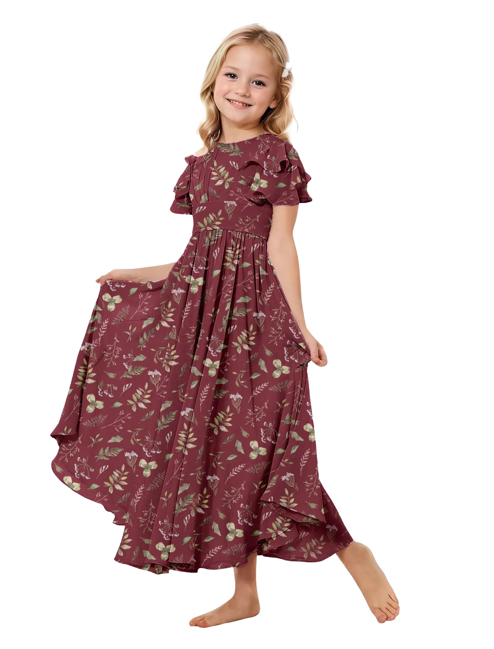 Girls Floral High-Low Flutter Sleeve Dress