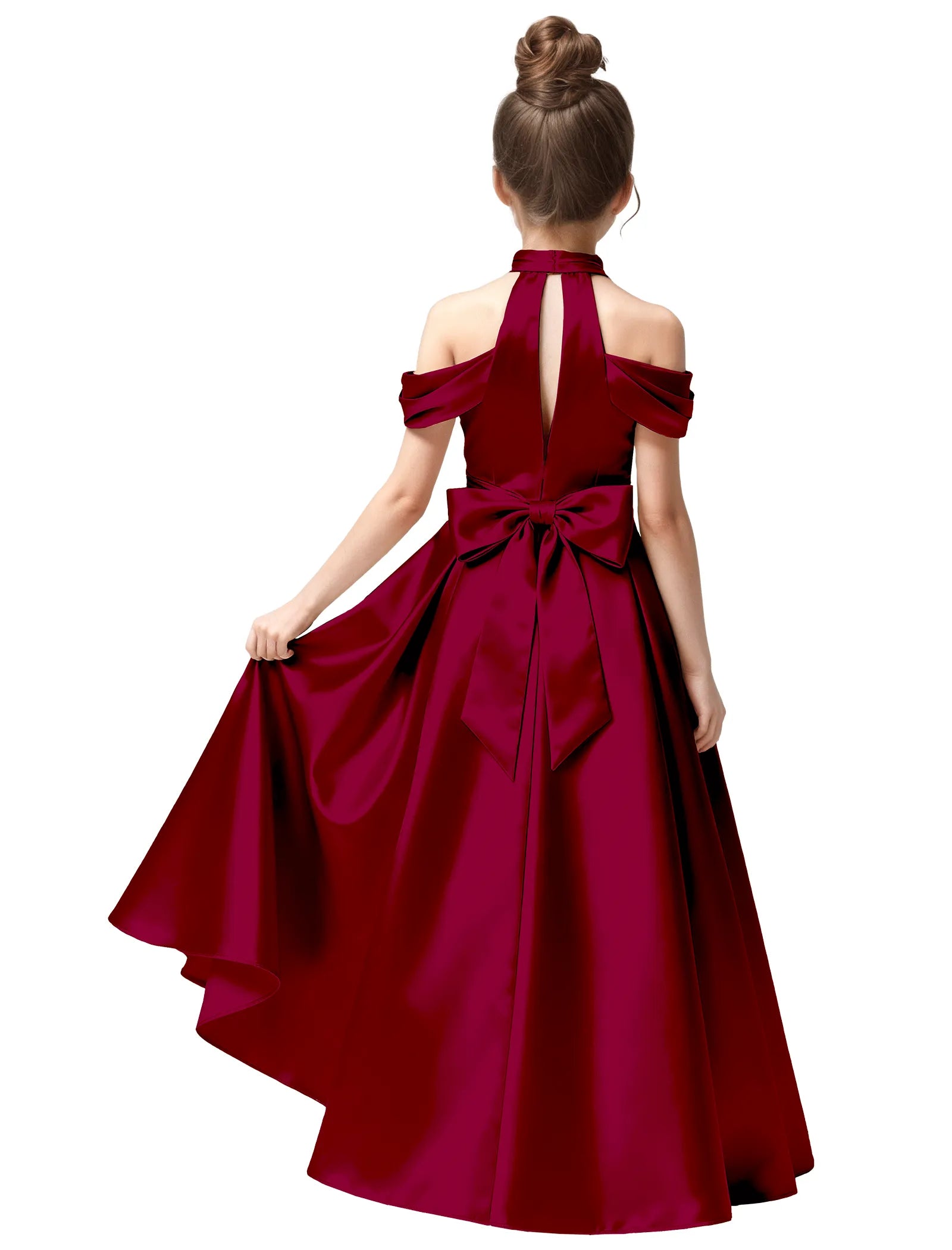 Girls Satin High Neck Pageant Dress with Bow