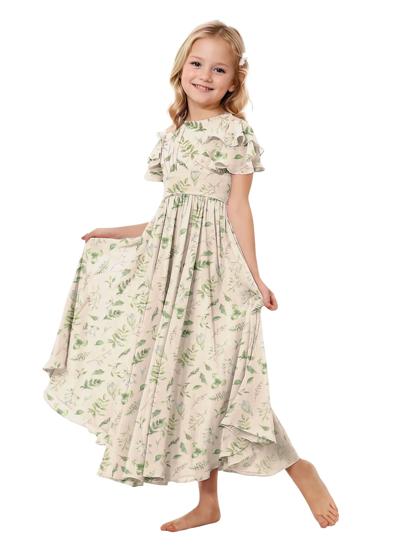 Girls Floral High-Low Flutter Sleeve Dress