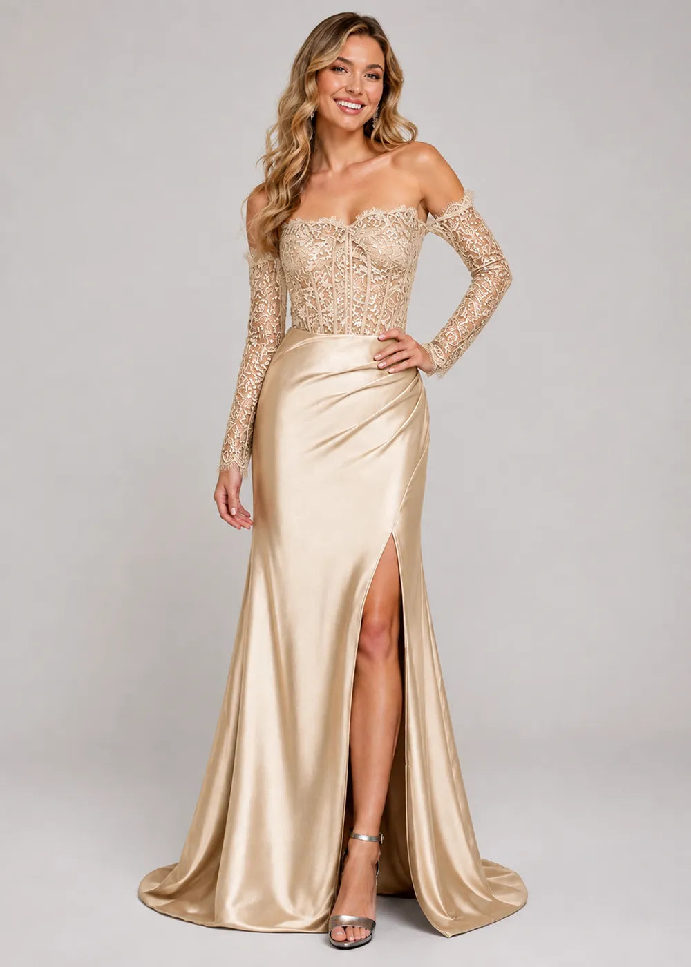 Vivienne Long-Sleeve Lace Satin Evening Gown