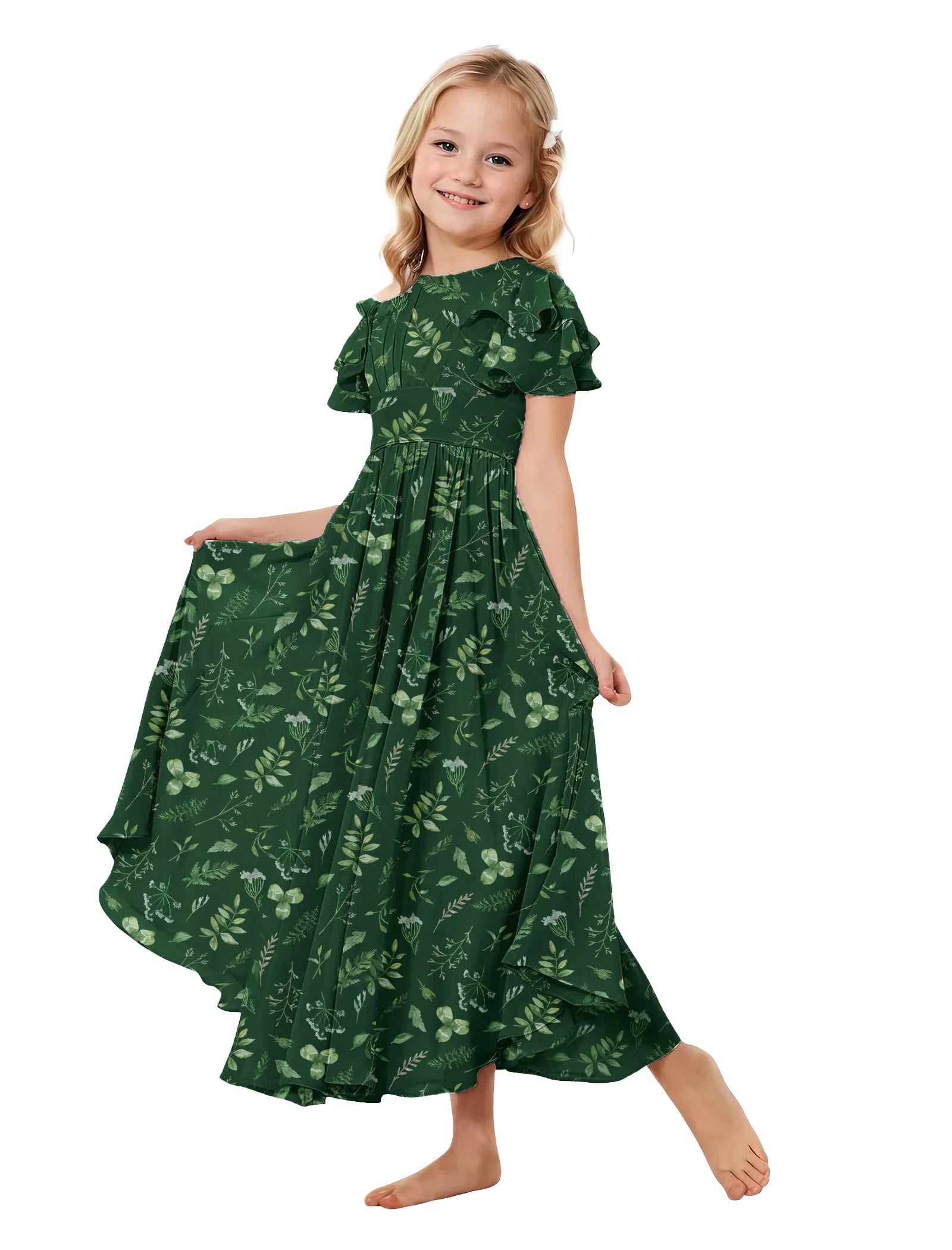 Girls Floral High-Low Flutter Sleeve Dress