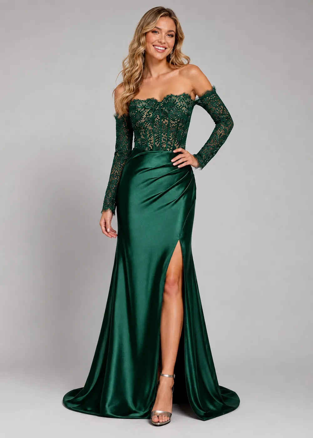 Vivienne Long-Sleeve Lace Satin Evening Gown