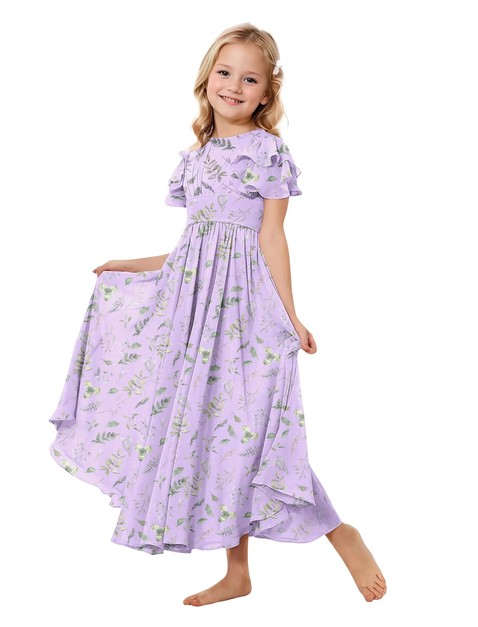 Girls Floral High-Low Flutter Sleeve Dress
