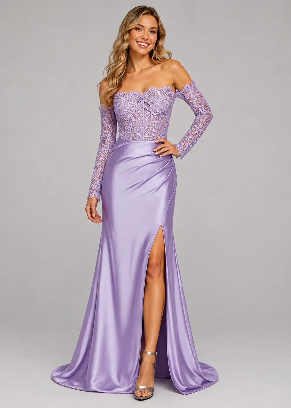 Vivienne Long-Sleeve Lace Satin Evening Gown
