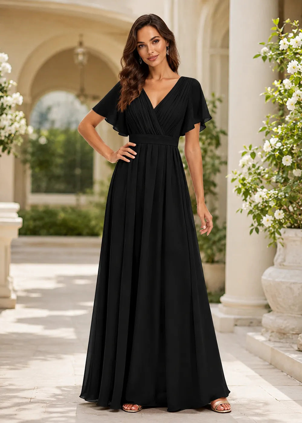 Flutter Sleeve V-Neck Formal Gown