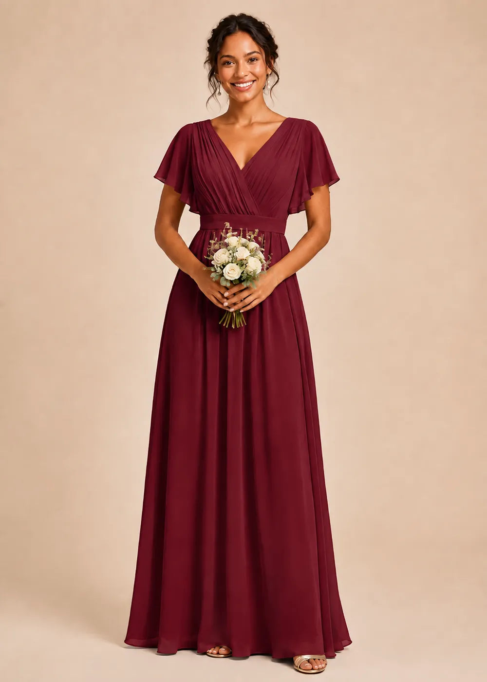Flutter Sleeve V-Neck Formal Gown